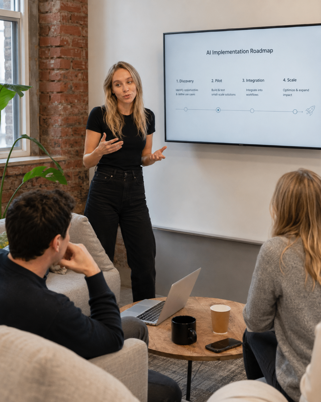 Harriet Bishop presenting an Archetype AI implementation roadmap to a client team.