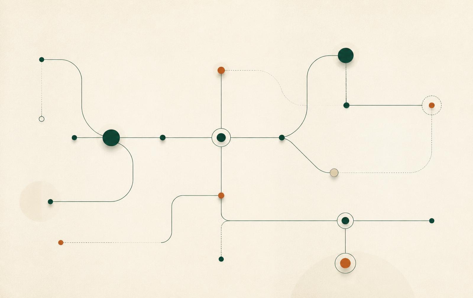 Abstract diagram of a mapped firm workflow, with connected nodes showing where AI is applied